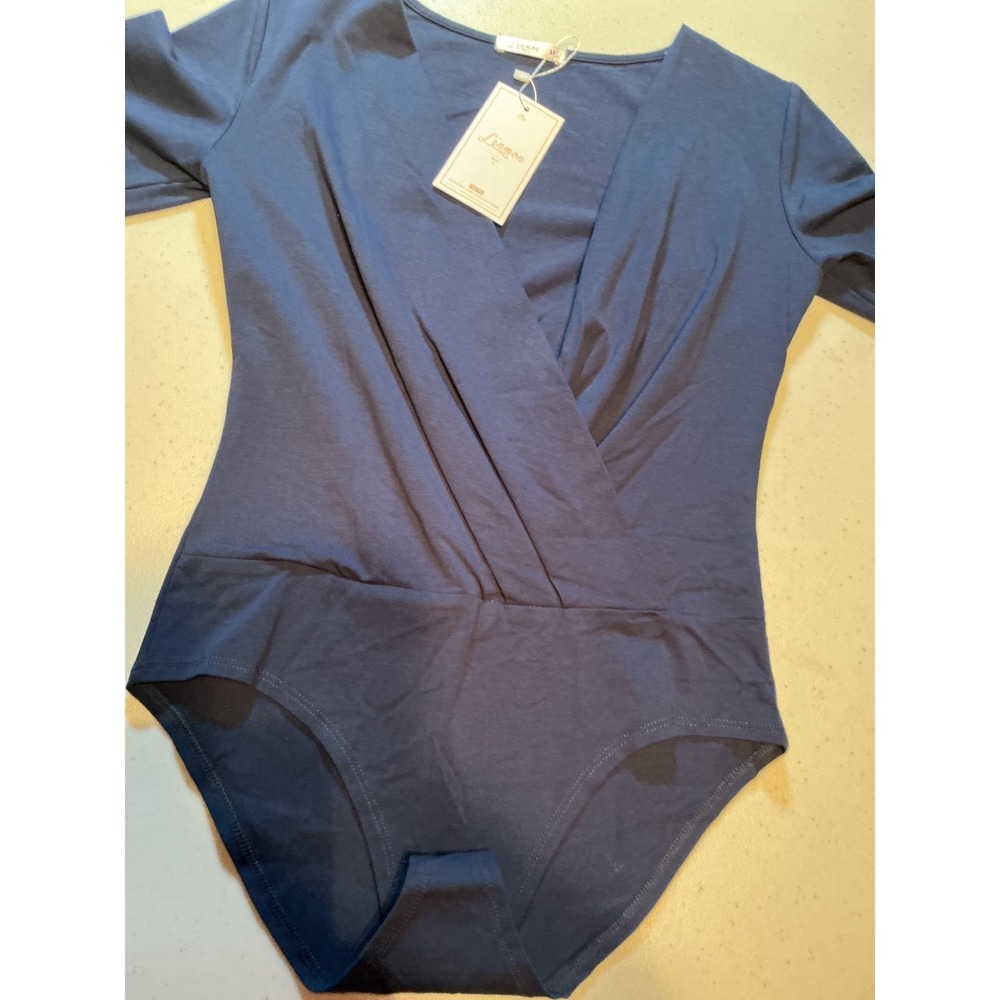 Linmon Womens Long Sleeve Wrap V-Neck Bodysuit Navy Blue Size Medium NWT‎